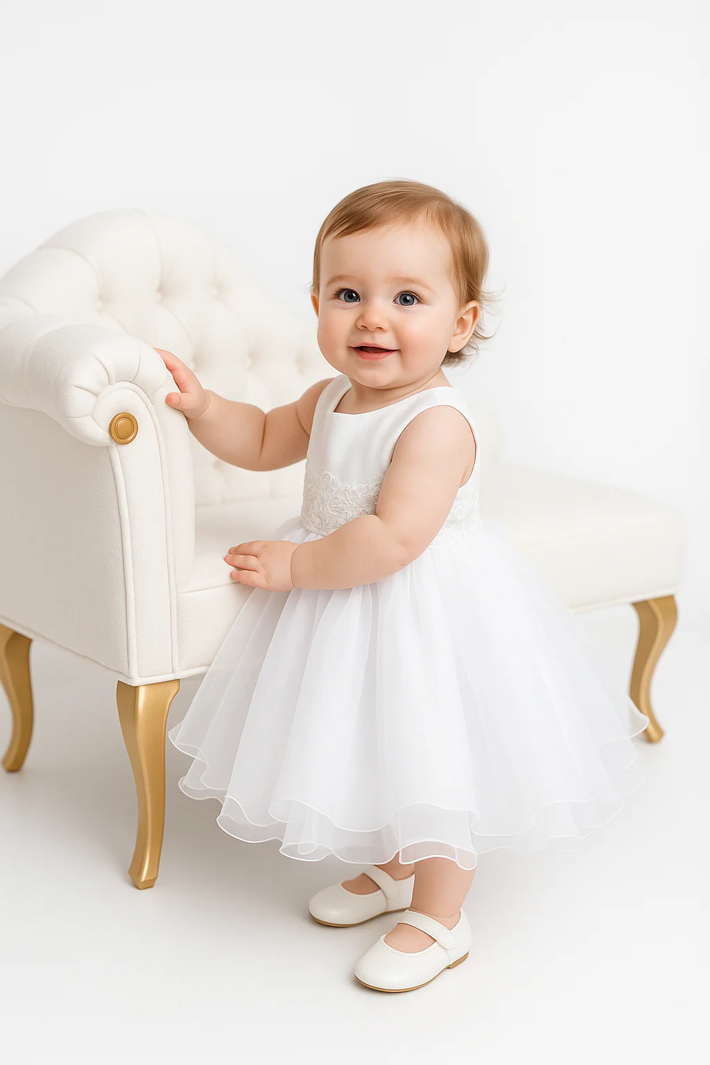 Baby Girls Flower Sleeveless Christening Dress - White