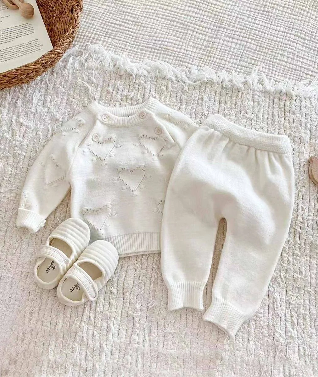 Baby Girls Heart Print Knitted Jumper & Leggings Set - 2407 - Ivory - Image 2