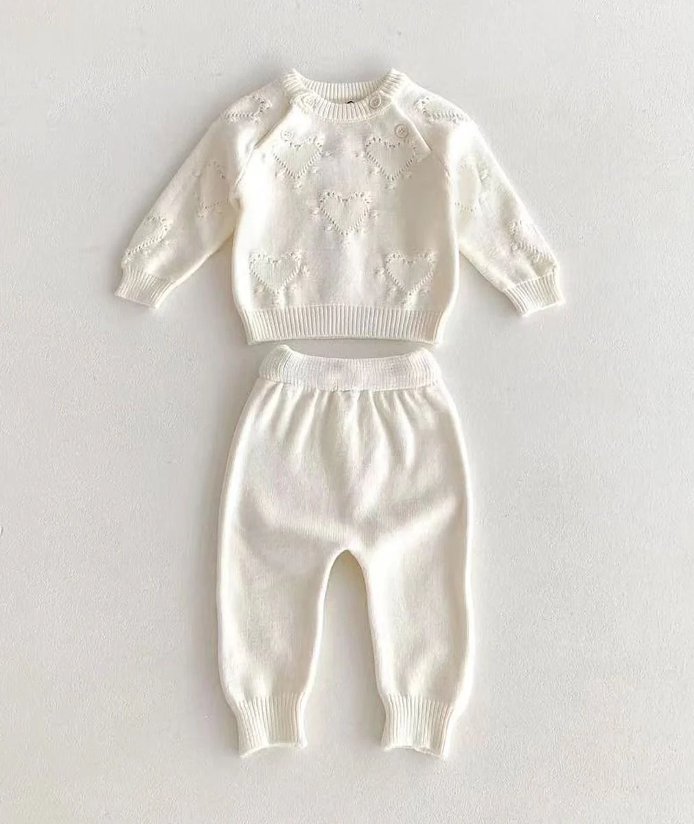 Baby Girls Heart Print Knitted Jumper & Leggings Set - 2407 - Ivory - Image 3