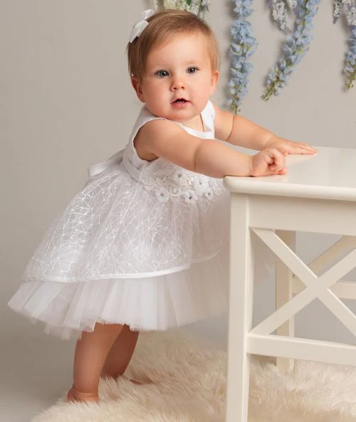 Baby Girls High-Low Sheer Overlay Lace Dress - ANNIE - White - Image 2