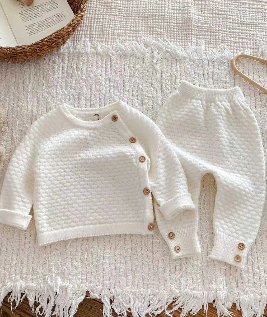 Baby Girls Honeycomb Knitted Jumper & Leggings Set - 2403 - Ivory - Image 2