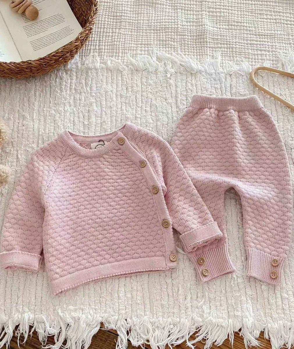 Baby Girls Honeycomb Knitted Jumper & Leggings Set - 2403 - Pink - Image 2