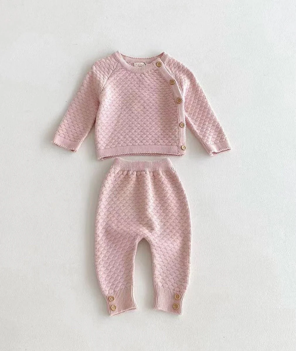 Baby Girls Honeycomb Knitted Jumper & Leggings Set - 2403 - Pink - Image 3