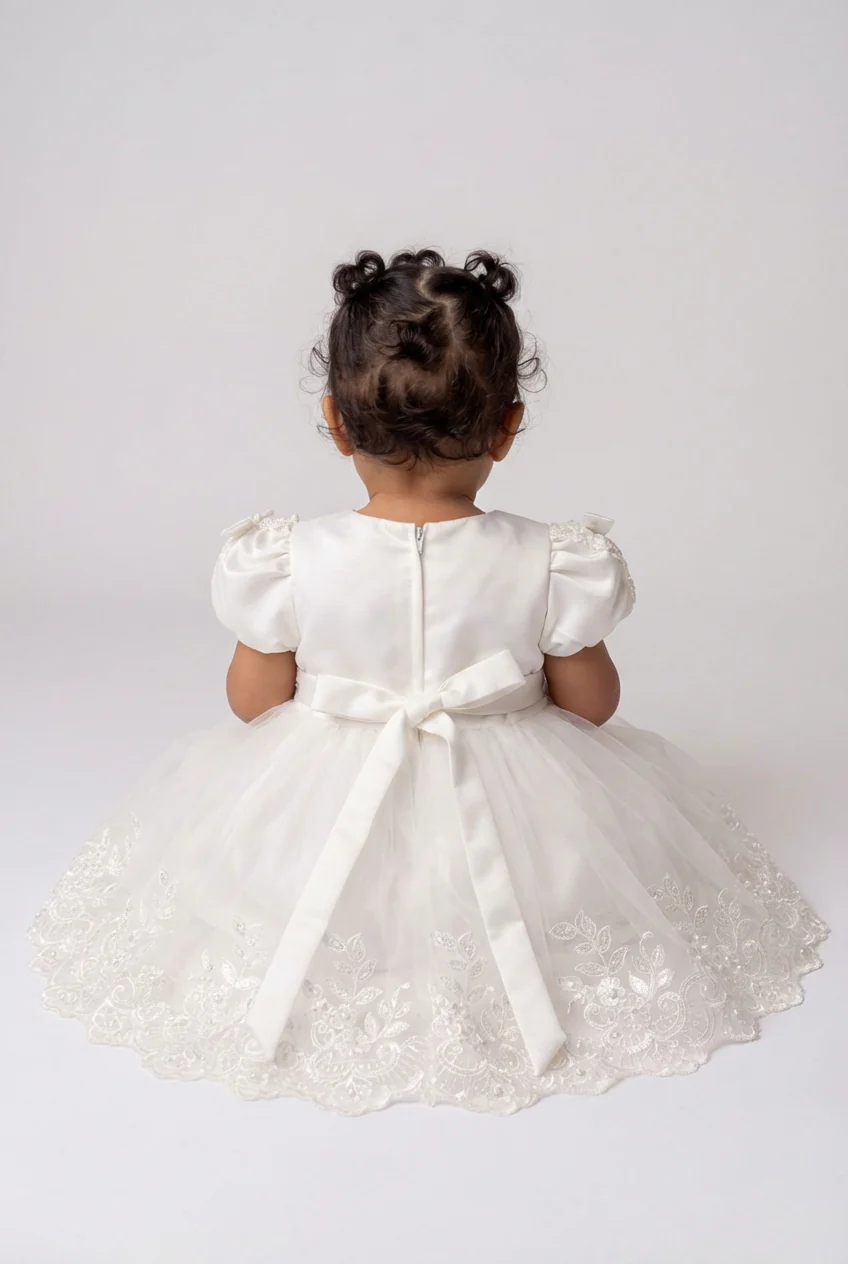 Baby Girls Ivory Floral Applique Tulle Baptism Dress - Image 2