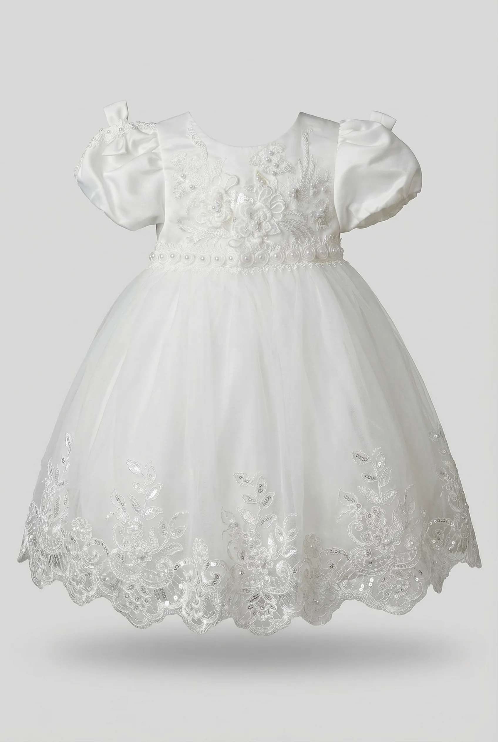 Baby Girls Ivory Floral Applique Tulle Baptism Dress - Image 3