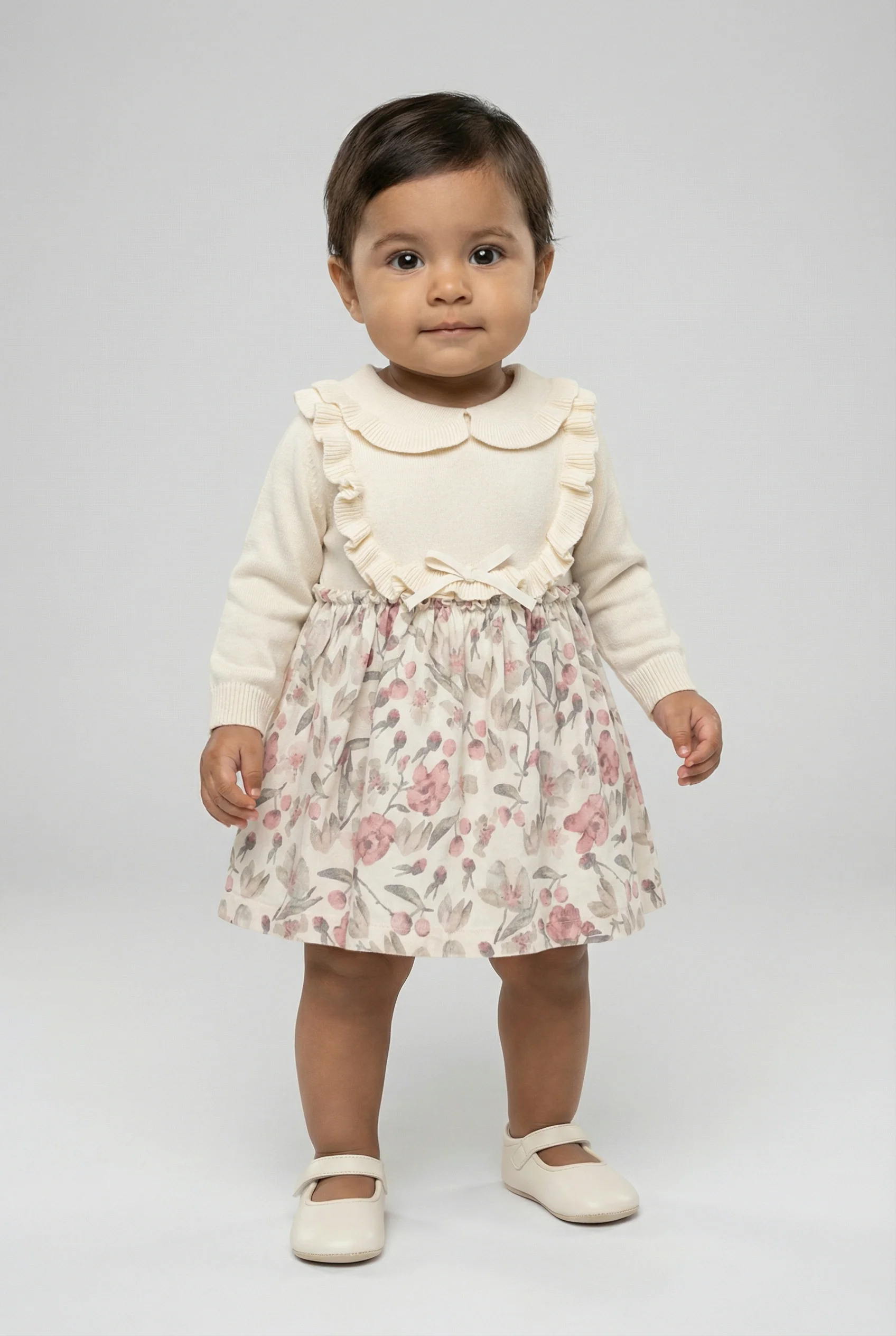 Baby Girls Knit Dress with Floral Print Skirt & Peter Pan Collar - Image 2