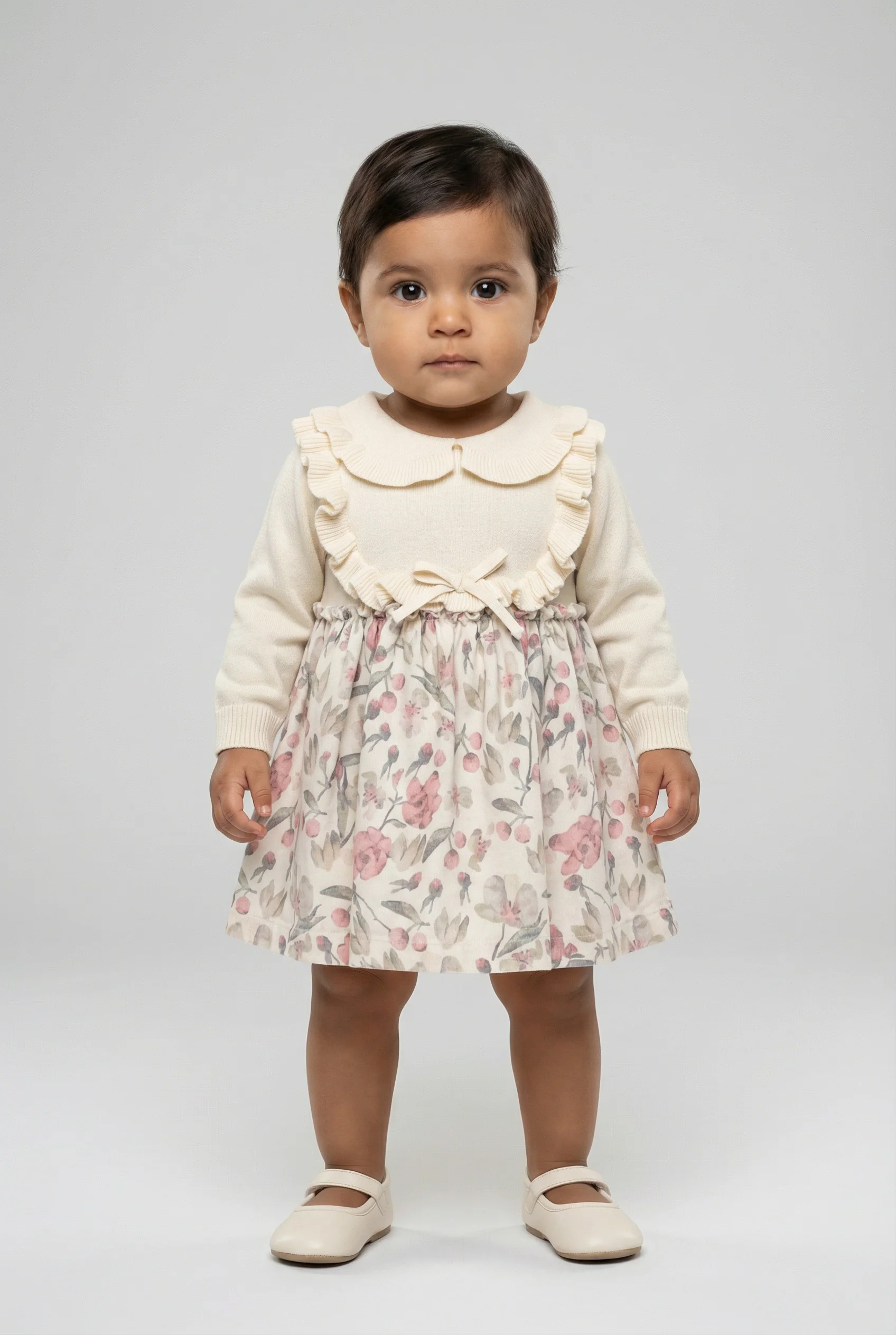 Baby Girls Knit Dress with Floral Print Skirt & Peter Pan Collar - Image 3