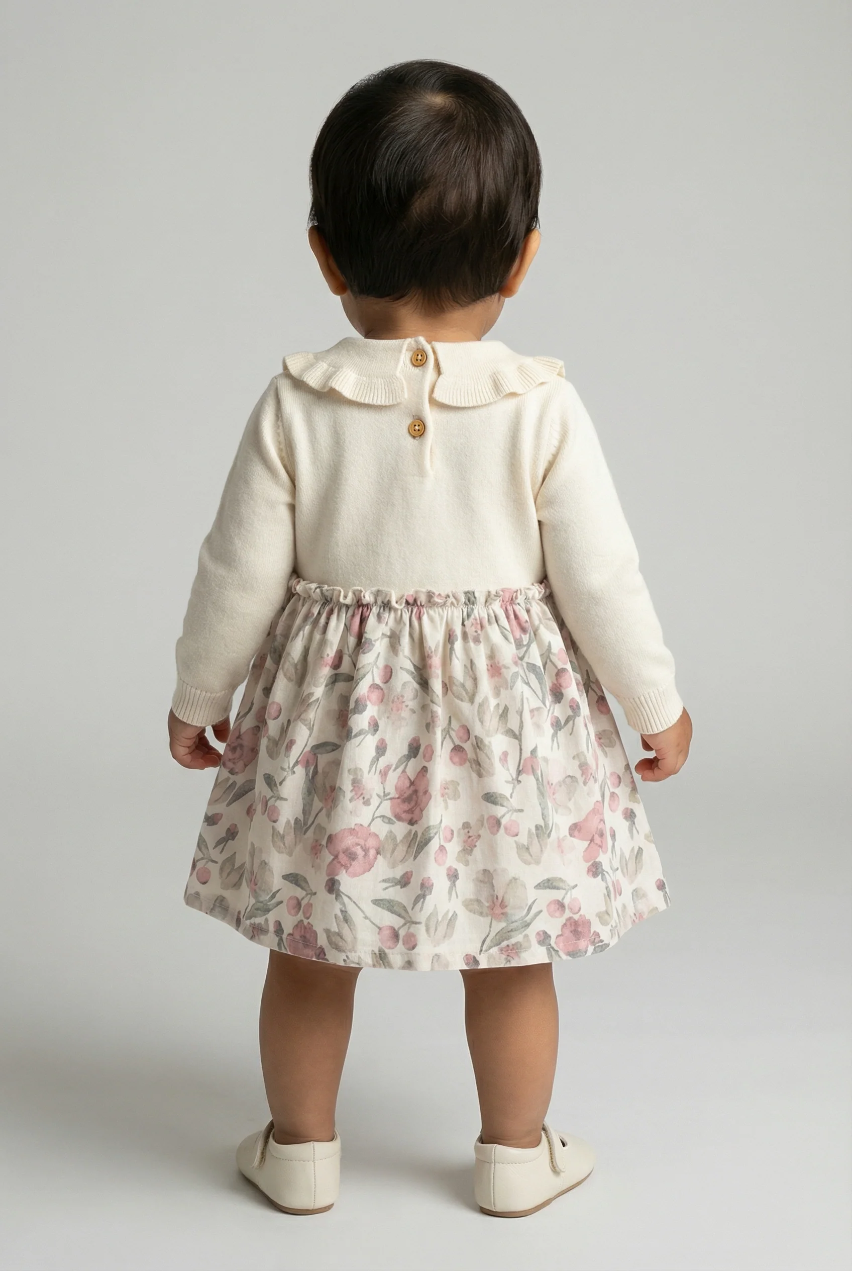 Baby Girls Knit Dress with Floral Print Skirt & Peter Pan Collar - Image 4