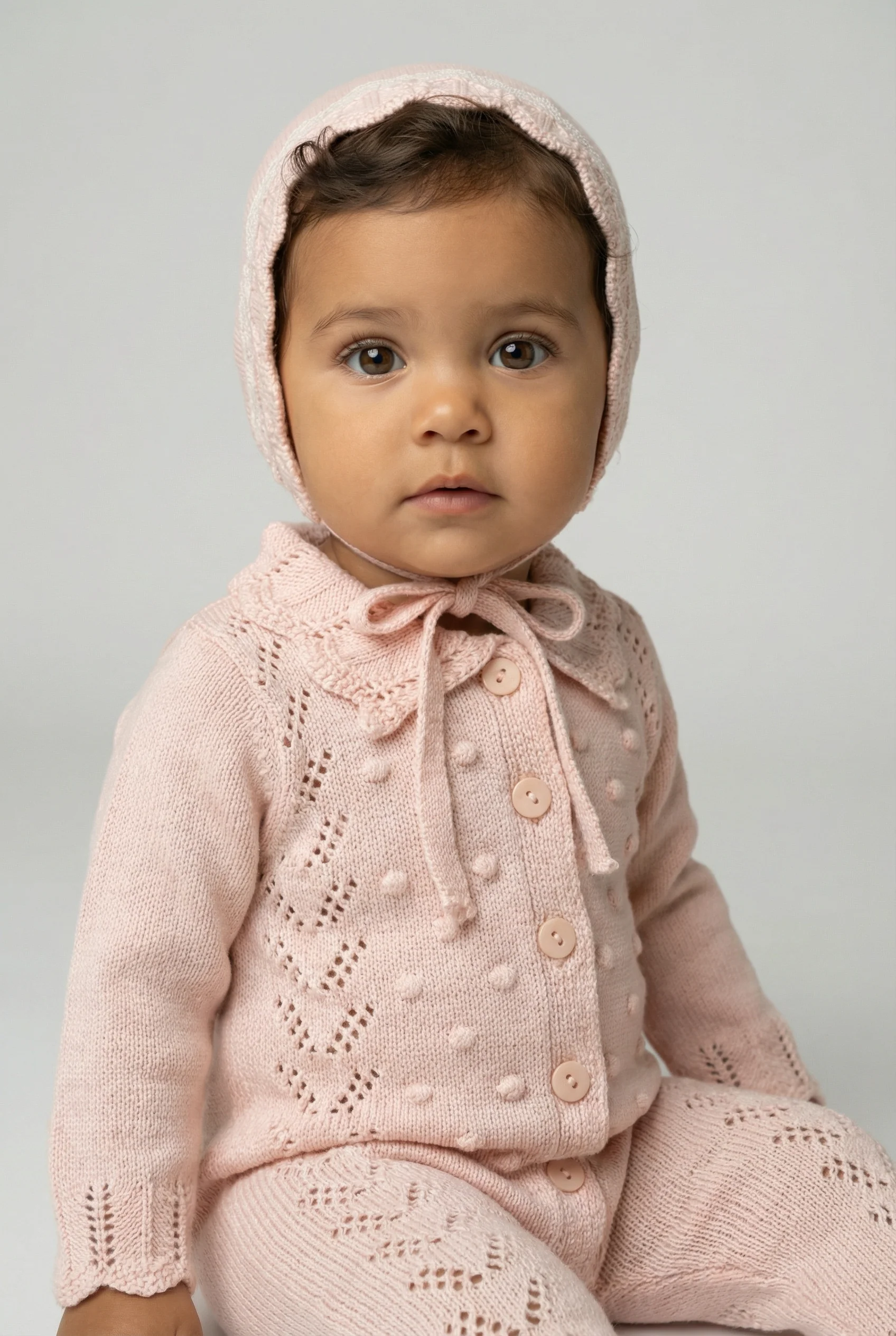 Baby Girls Knit Romper & Bonnet Set with Scalloped Collar - Pink - Image 2
