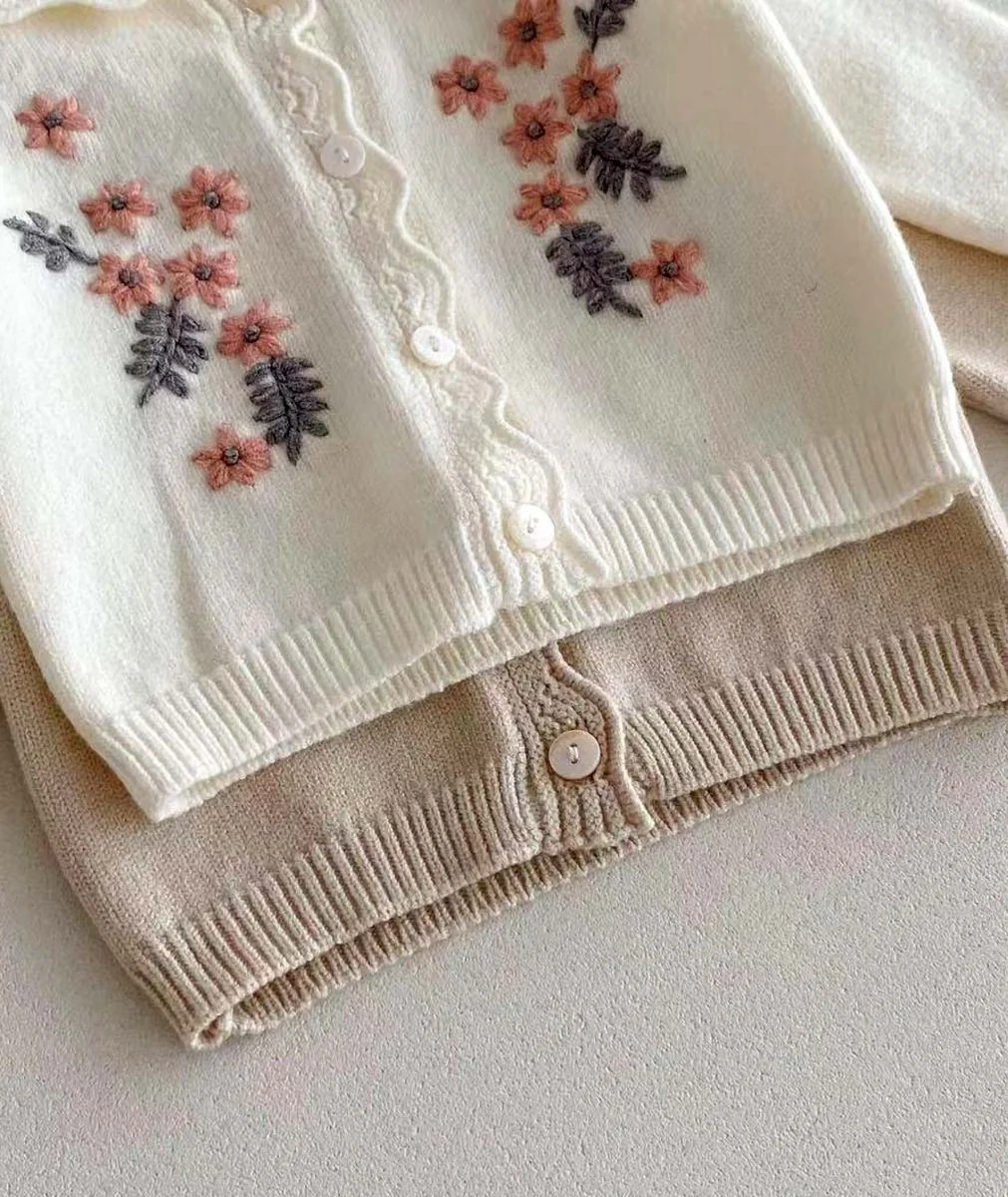 Baby Girls’ Knit Suspender Romper & Embroidered Cardigan Set - 2421 - Ivory - Image 4