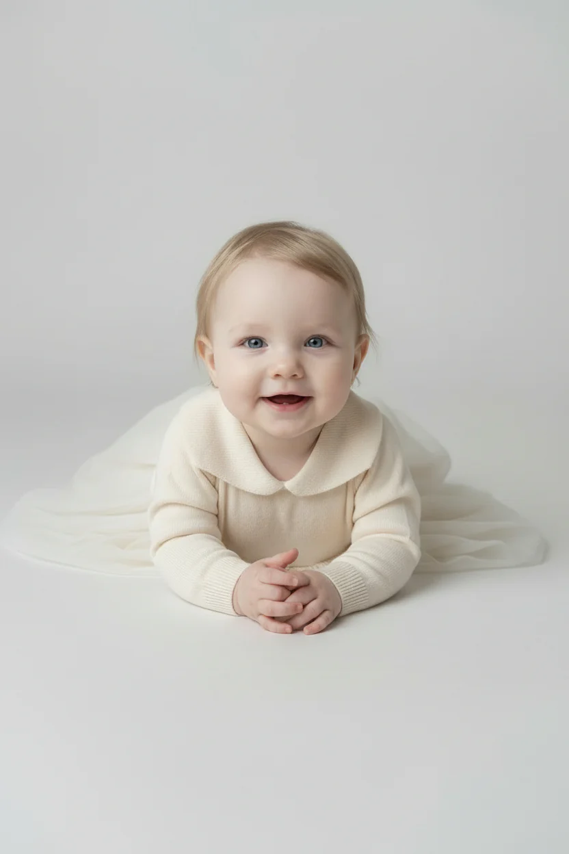 Baby Girls Knit & Tulle Dress with Peter Pan Collar - Ivory - Image 2