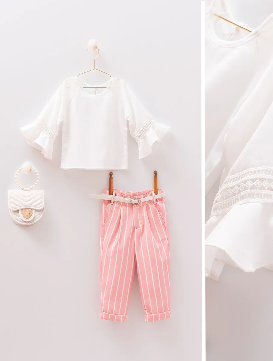 Girls Summer Casual White & Pink Set - MIALIA - White - Pink - Image 3