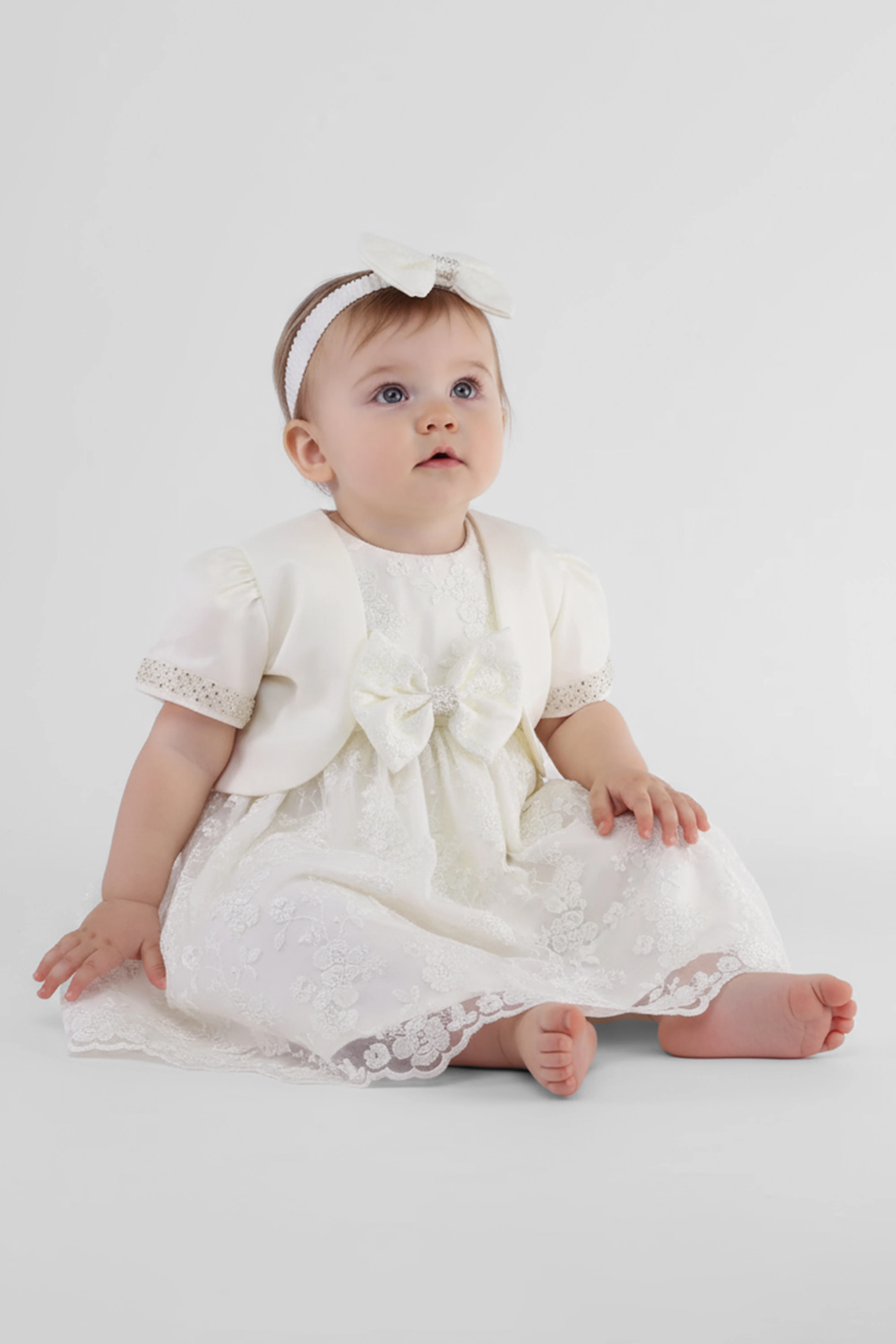Baby Girls Lace Bow Dress Set – B1202 - Ivory