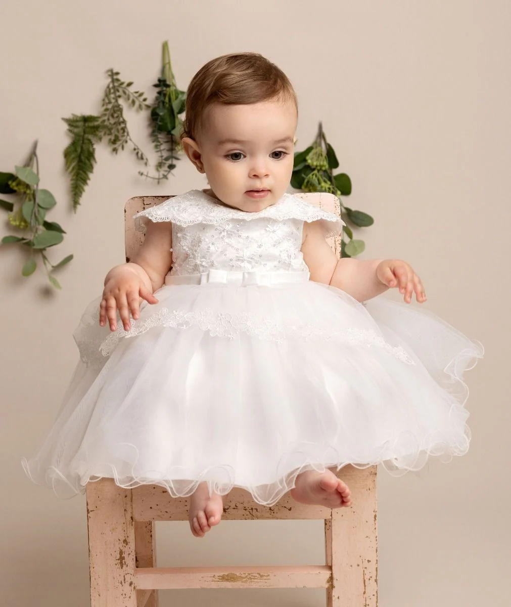 Baby Girls Layered Christening Lace Cape Dress - HAZEL - White - Image 2