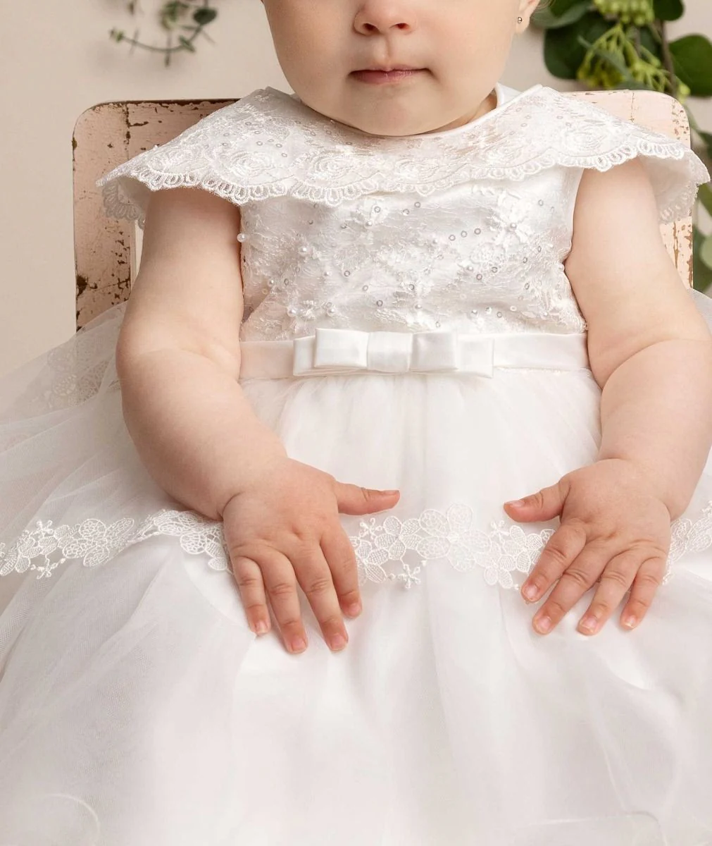 Baby Girls Layered Christening Lace Cape Dress - HAZEL - White - Image 3
