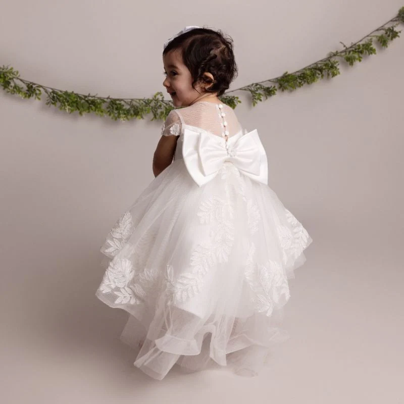 Baby Girls Leaf Lace Ivory Bow Dress - ANAYA - Ivory - Image 2