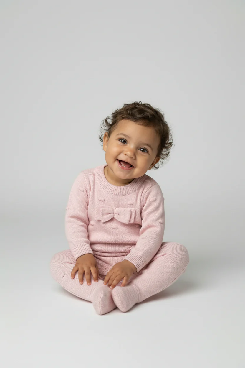 Baby Girls Long Sleeve Knit Romper with Bow Pink - Image 5