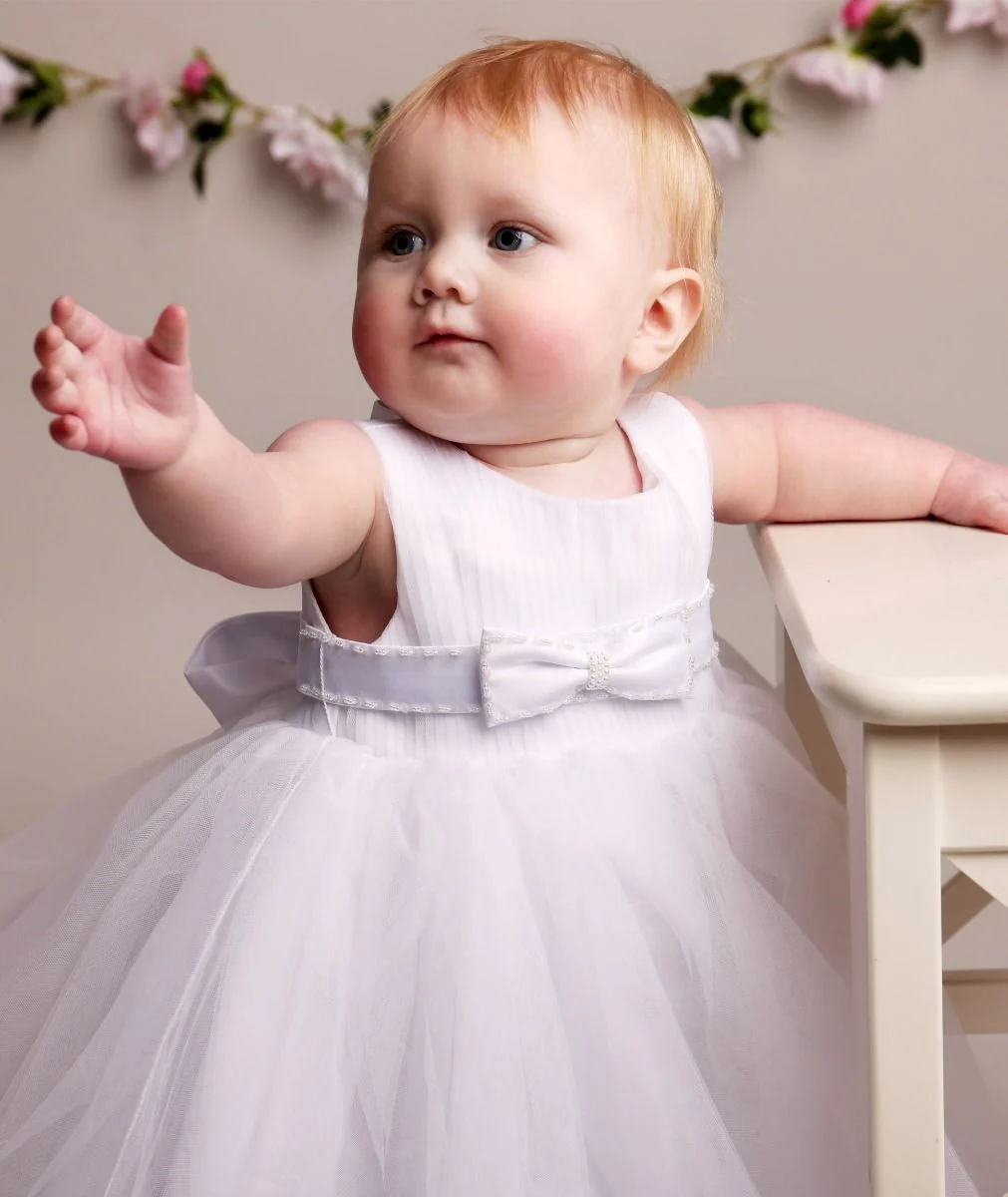 Baby Girls Pleated Bodice Christening Dress - CINDY - White - Image 3