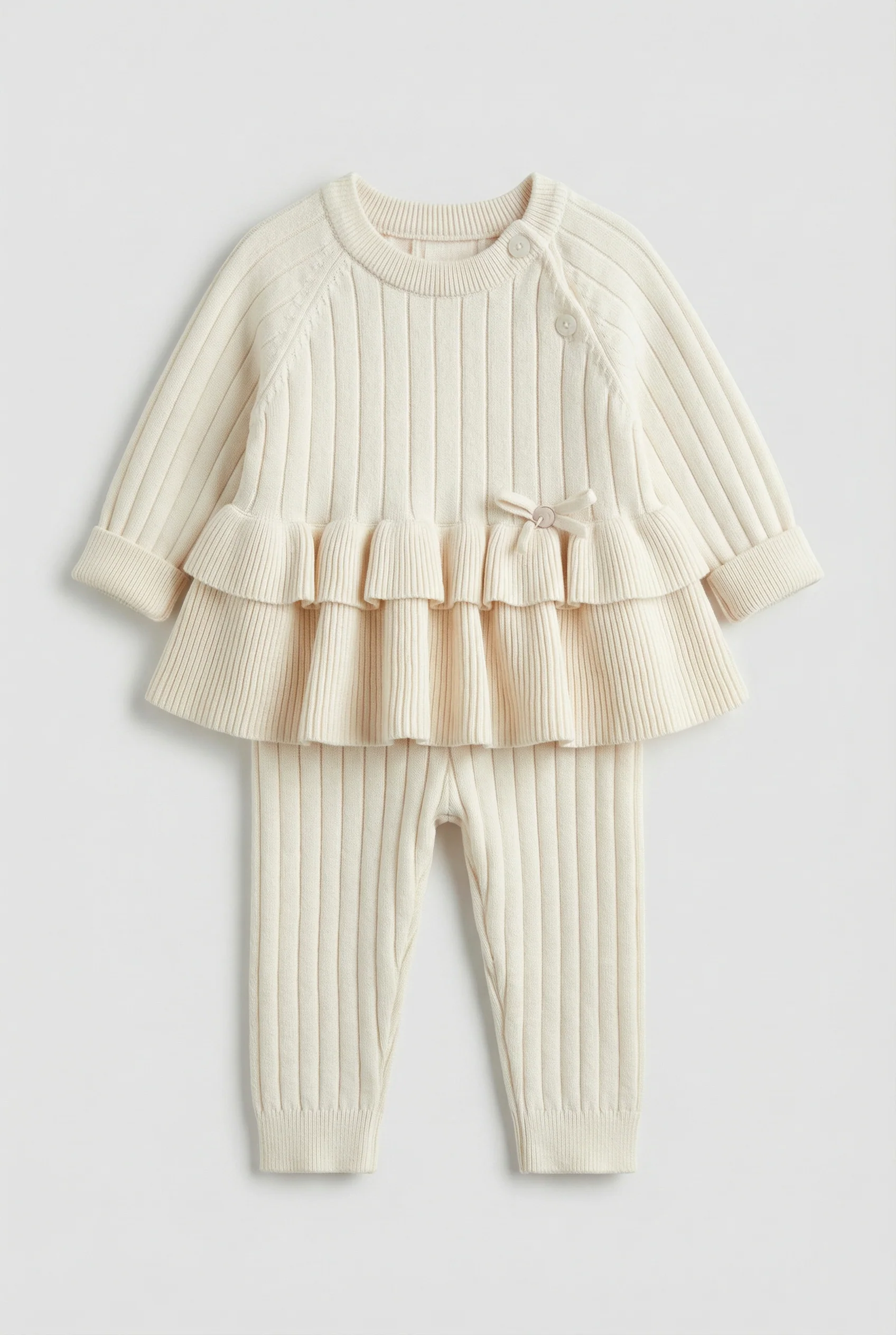 Baby Girls Ribbed Knit Jumper & Leggings Set with Ruffle Hem - Ivory - Image 3