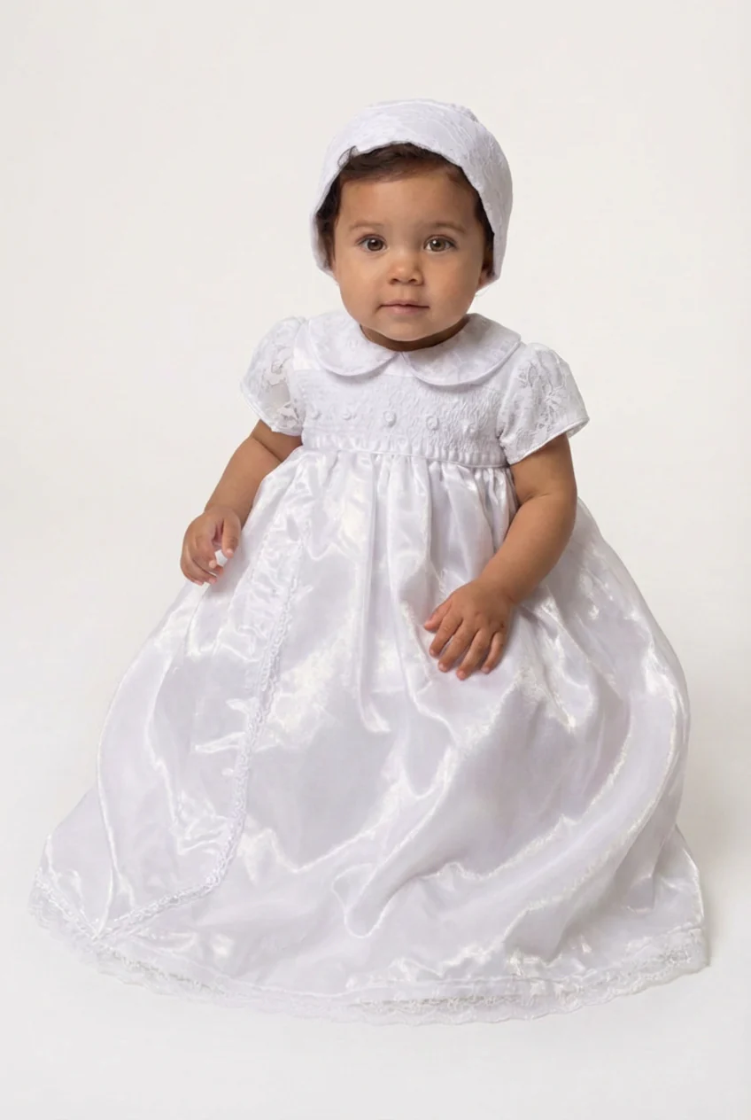 Baby Girls White Christening Gown & Bonnet Set with Peter Pan Collar