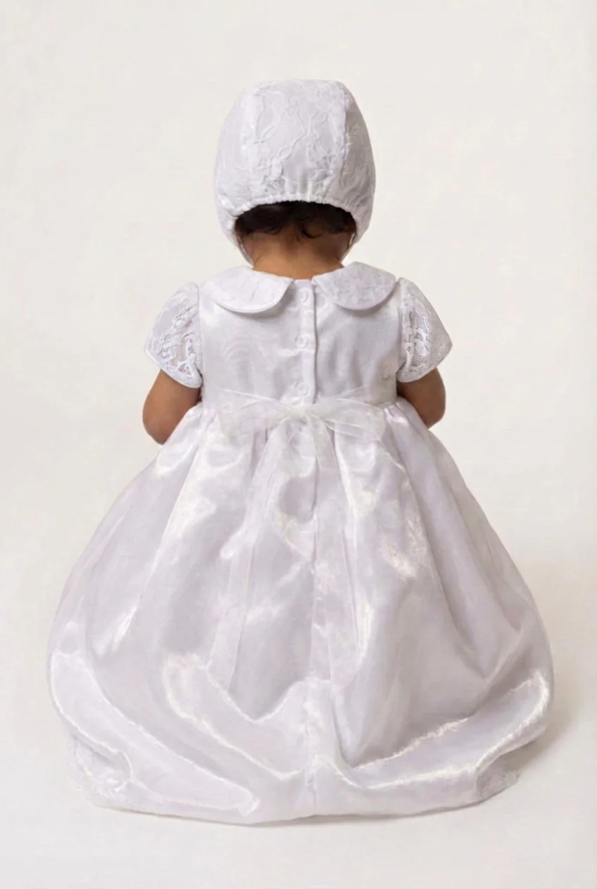 Baby Girls White Christening Gown & Bonnet Set with Peter Pan Collar - Image 2