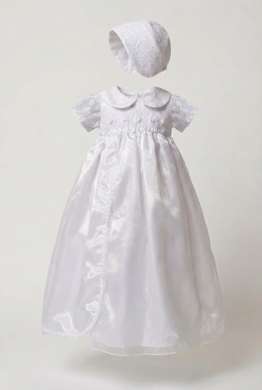 Baby Girls White Christening Gown & Bonnet Set with Peter Pan Collar - Image 3