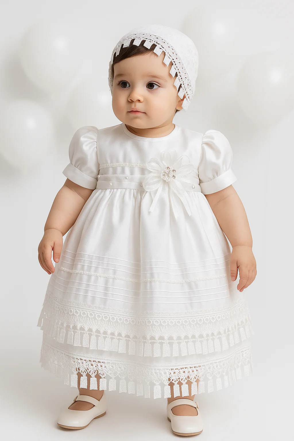 Baby Girls White Lace Christening Dress & Bonnet