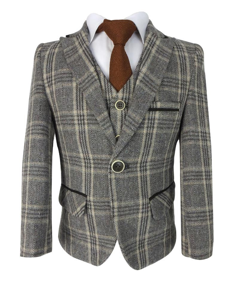 Boys Herringbone Tweed Check Suit with Elbow Patches - LUCAS - Brown - Image 3