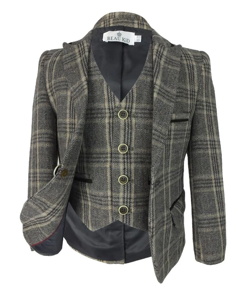 Boys Herringbone Tweed Check Suit with Elbow Patches - LUCAS - Brown - Image 4