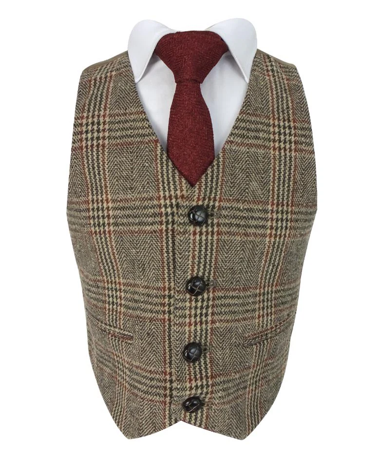 Boys Herringbone Tweed Check Suit with Elbow Patches - LUCAS - Brown - Burgundy - Image 4