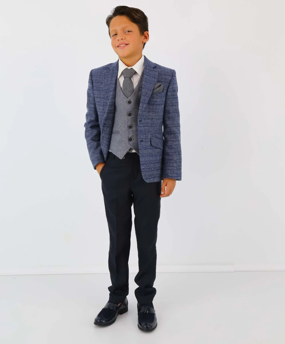 Boys Tweed Herringbone Blazer and Waistcoat Suit Set - Blue - Image 2