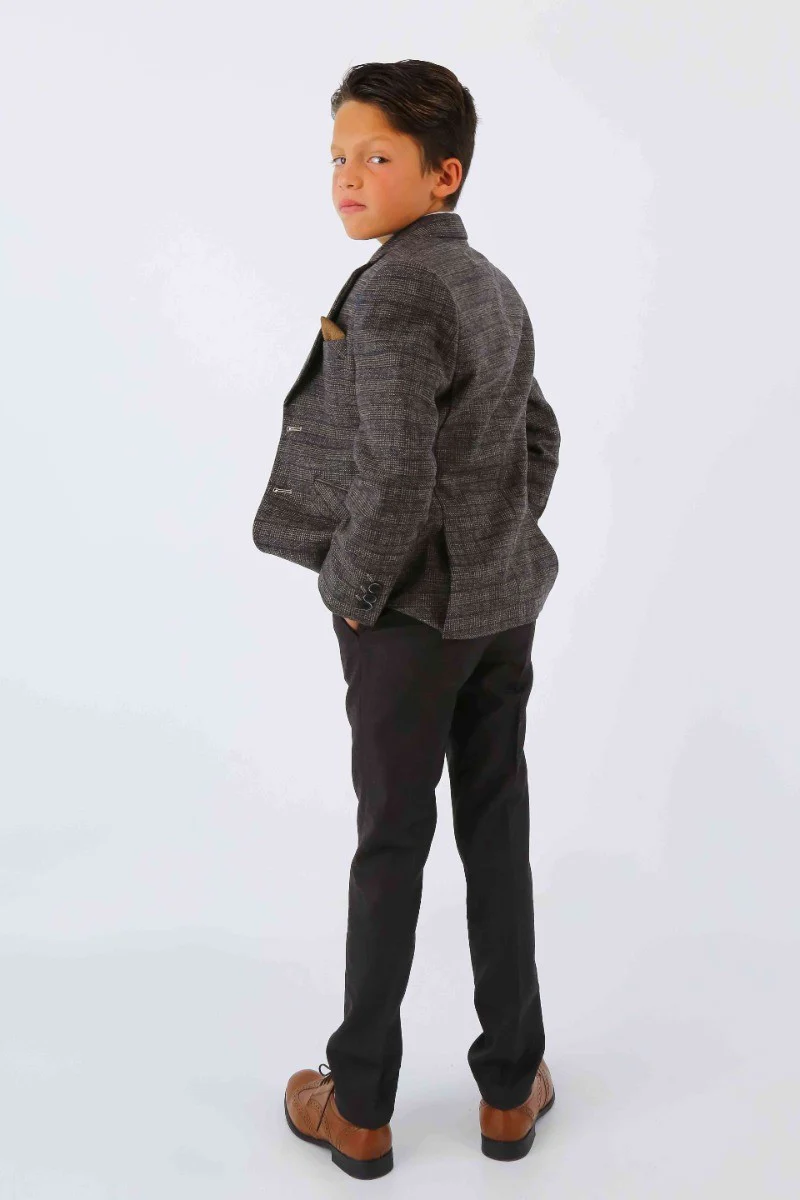 Boys Tweed Herringbone Blazer and Waistcoat Suit Set - Dark Brown - Image 3