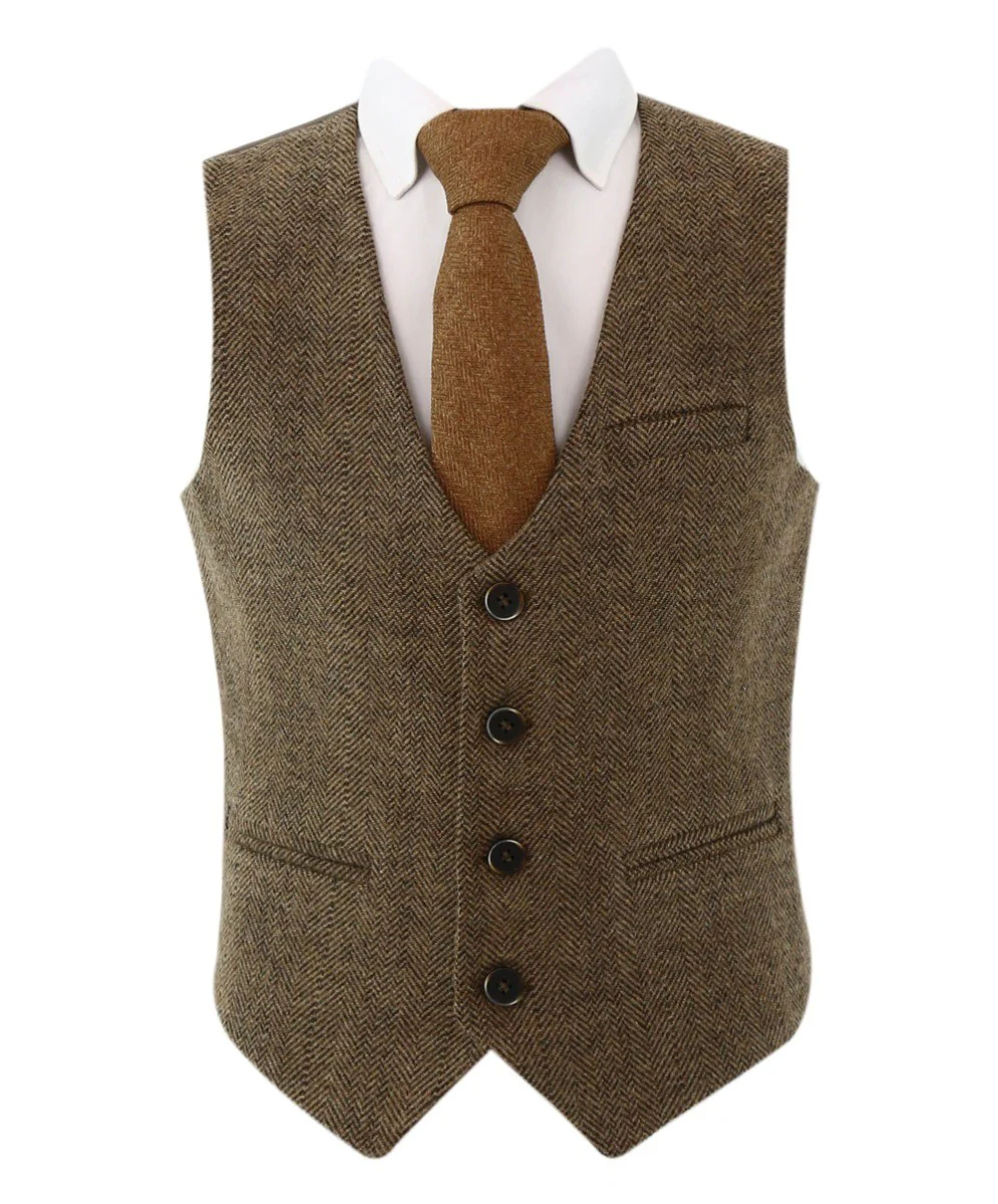 Boys Tweed Herringbone Blazer and Waistcoat Suit Set - Dark Brown - Image 5