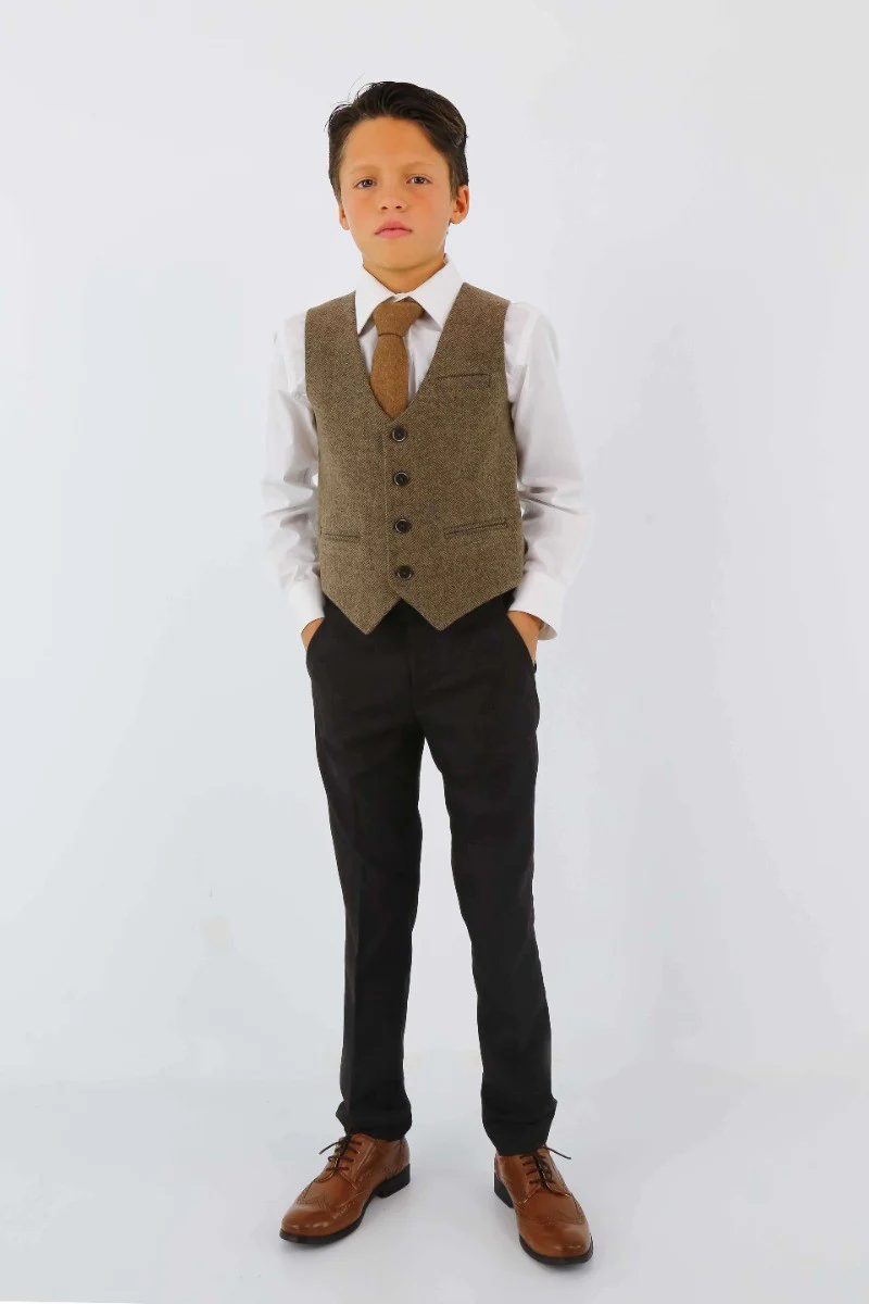 Boys Tweed Herringbone Blazer and Waistcoat Suit Set - Dark Brown - Image 6