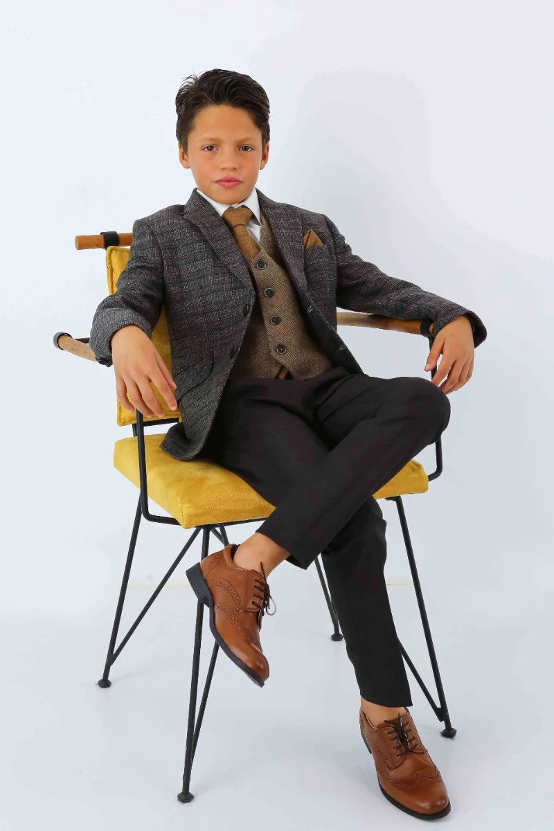 Boys Tweed Herringbone Blazer and Waistcoat Suit Set - Dark Brown - Image 9