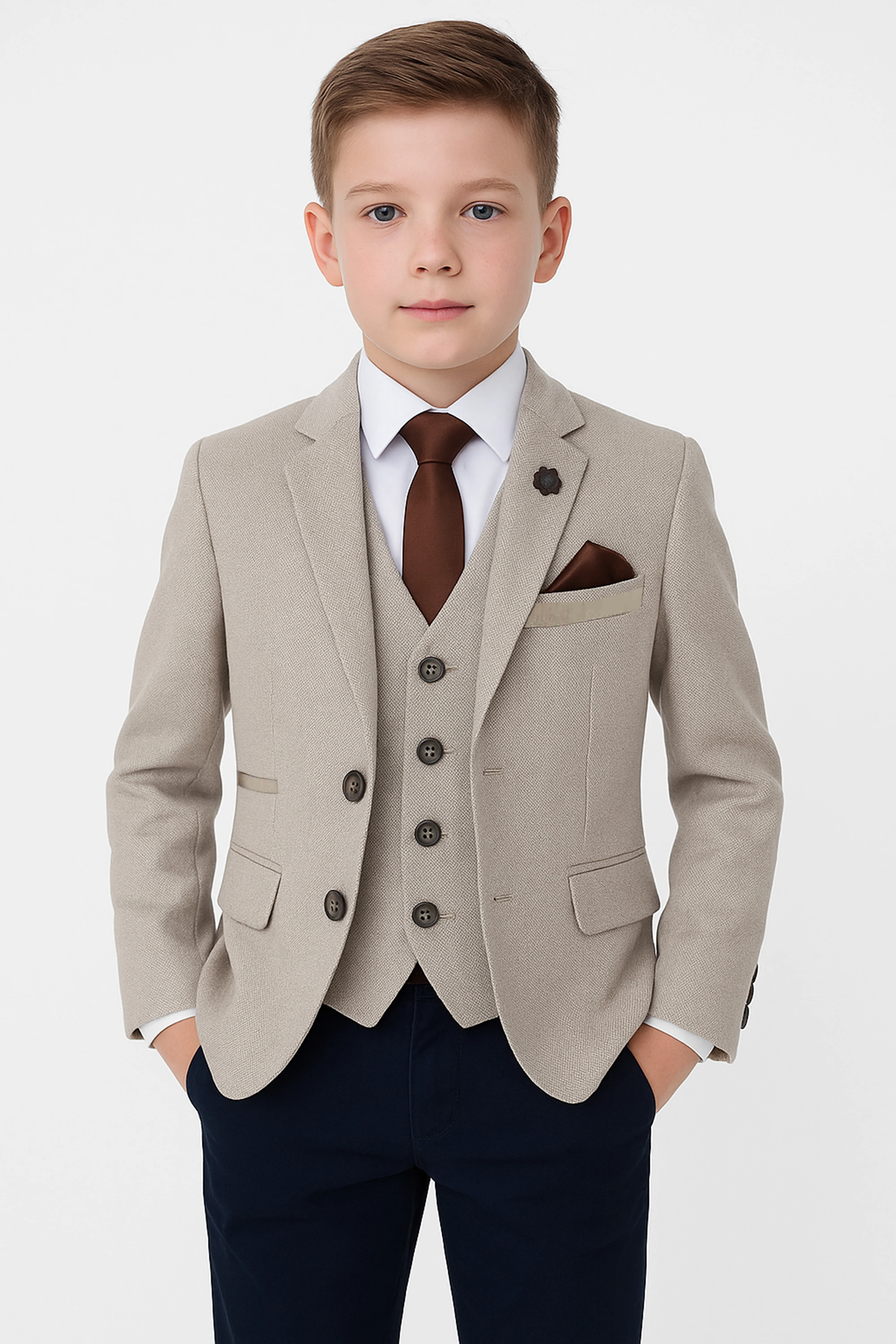 Boys Cotton Slim Fit Blazer and Waistcoat Set - Frank - Beige