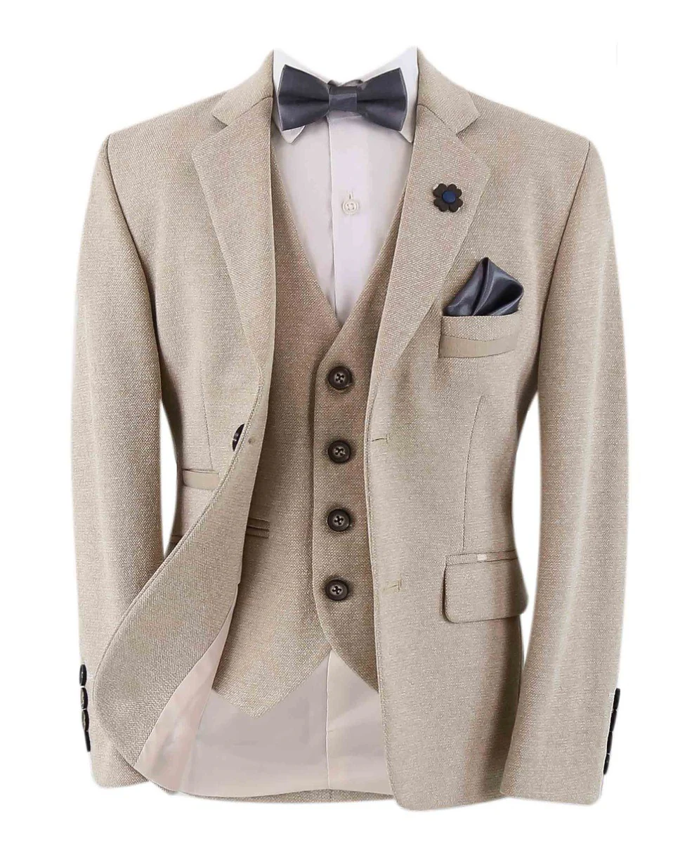 Boys Cotton Slim Fit Blazer and Waistcoat Set - Frank - Beige - Image 3