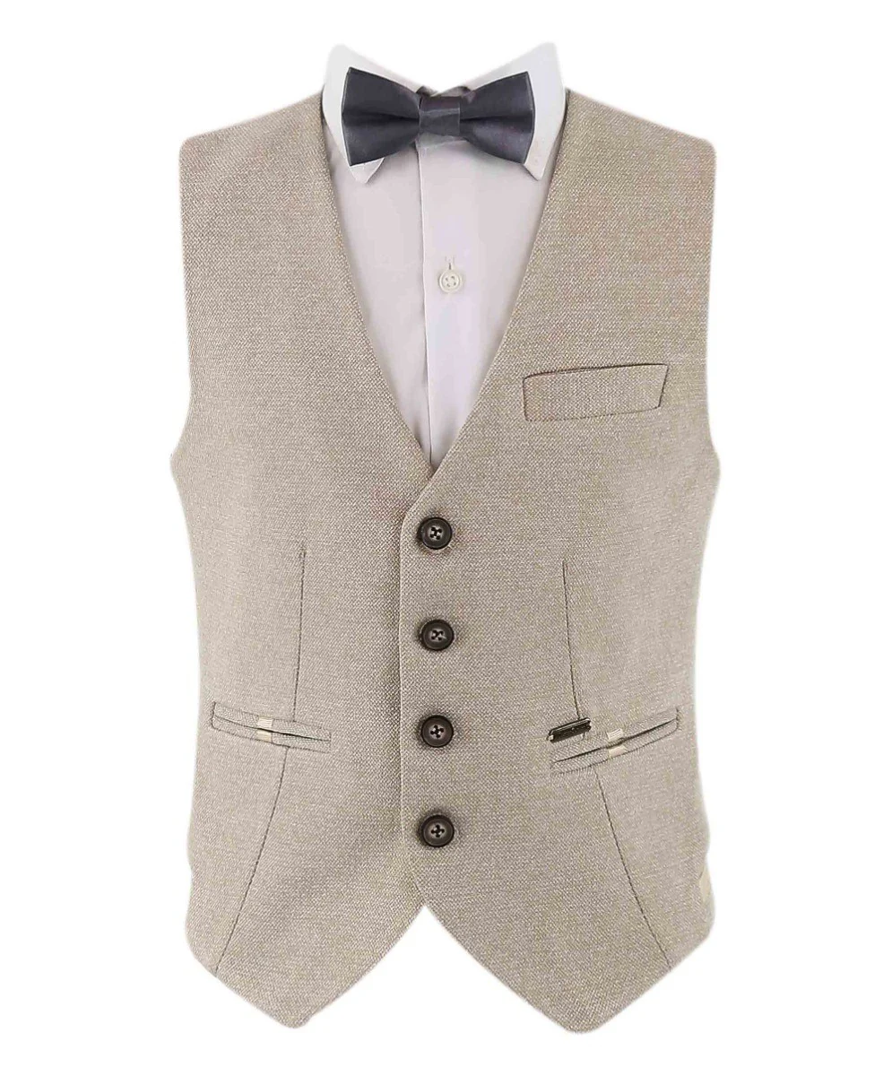 Boys Cotton Slim Fit Blazer and Waistcoat Set - Frank - Beige - Image 5