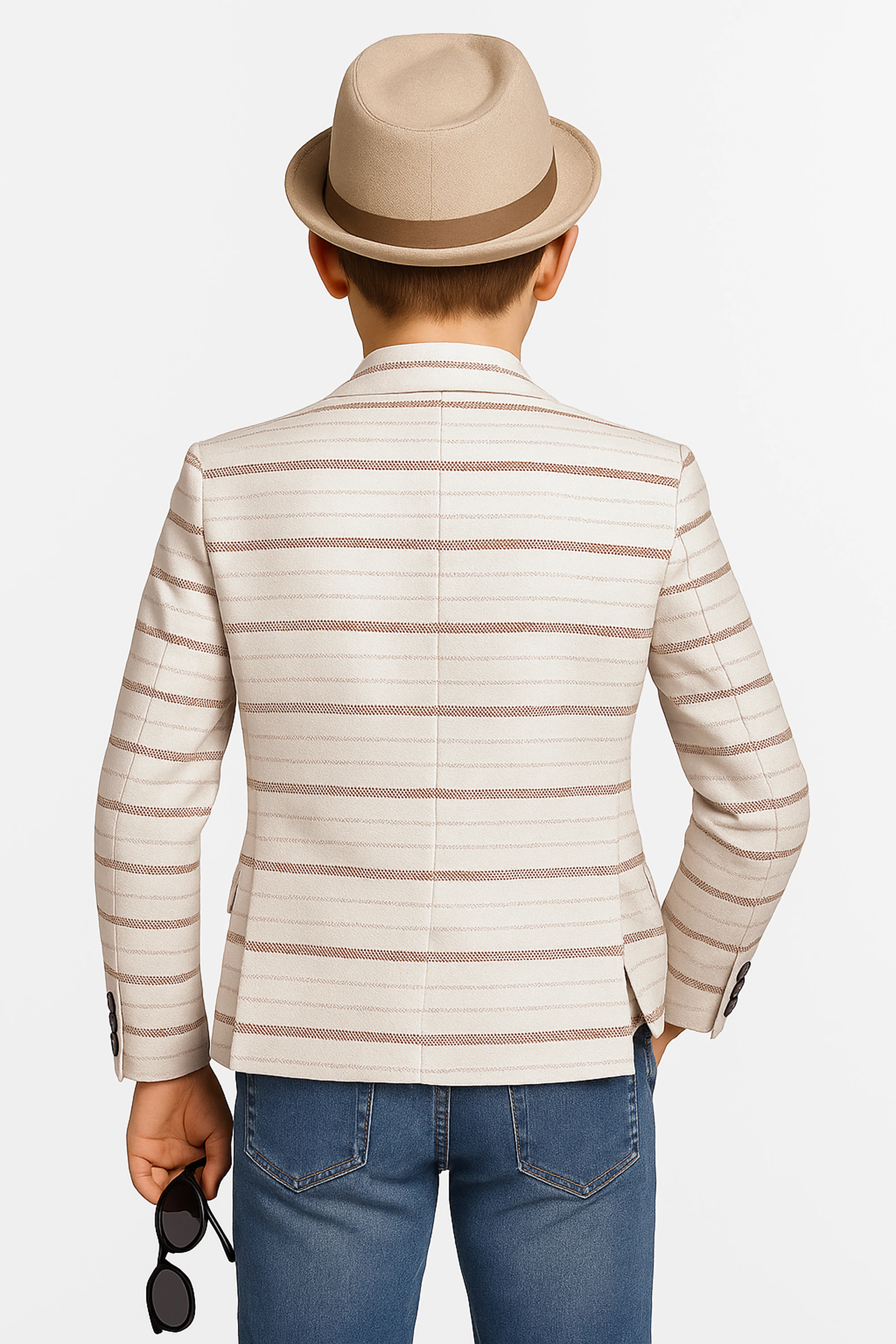 Boys Slim Fit Striped Blazer - Beige - Brown - Image 2