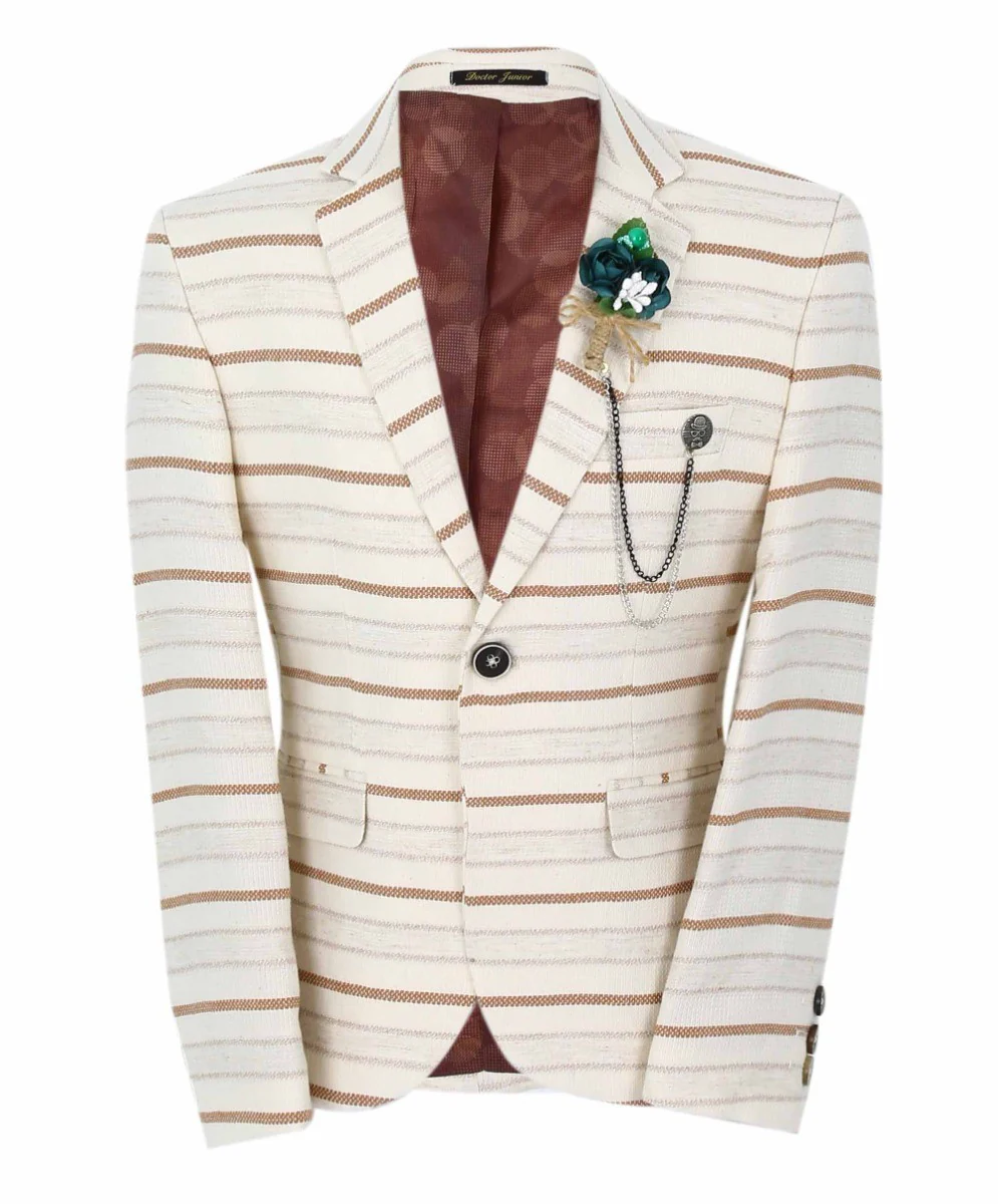 Boys Slim Fit Striped Blazer - Beige - Brown - Image 5