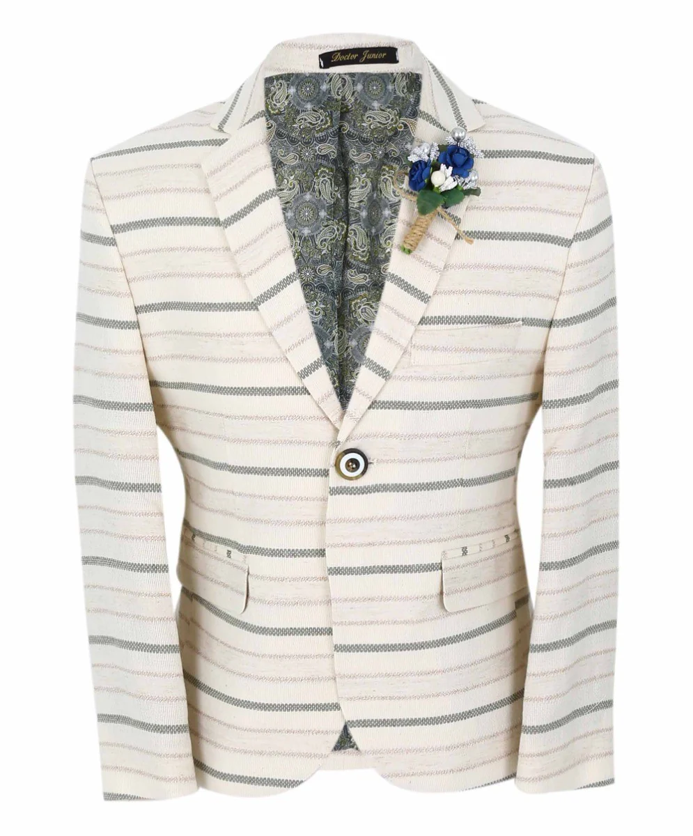 Boys Slim Fit Striped Blazer - Beige - Green - Image 7
