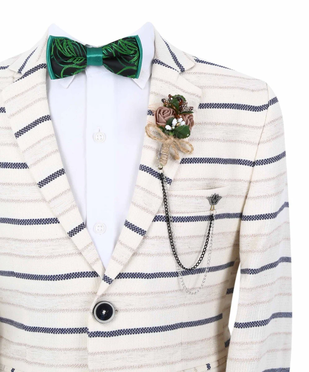 Boys Slim Fit Striped Blazer - Beige - Navy Blue - Image 5