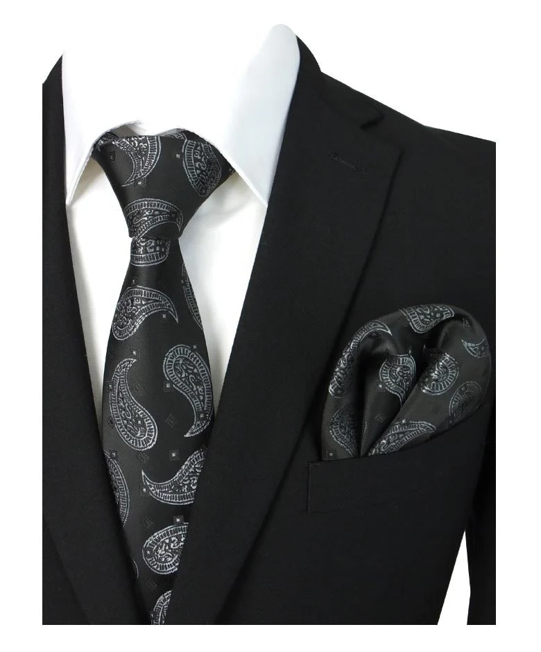 Boys & Men's Paisley Swirls Formal Tie & Hanky Set - Black - White - Image 2