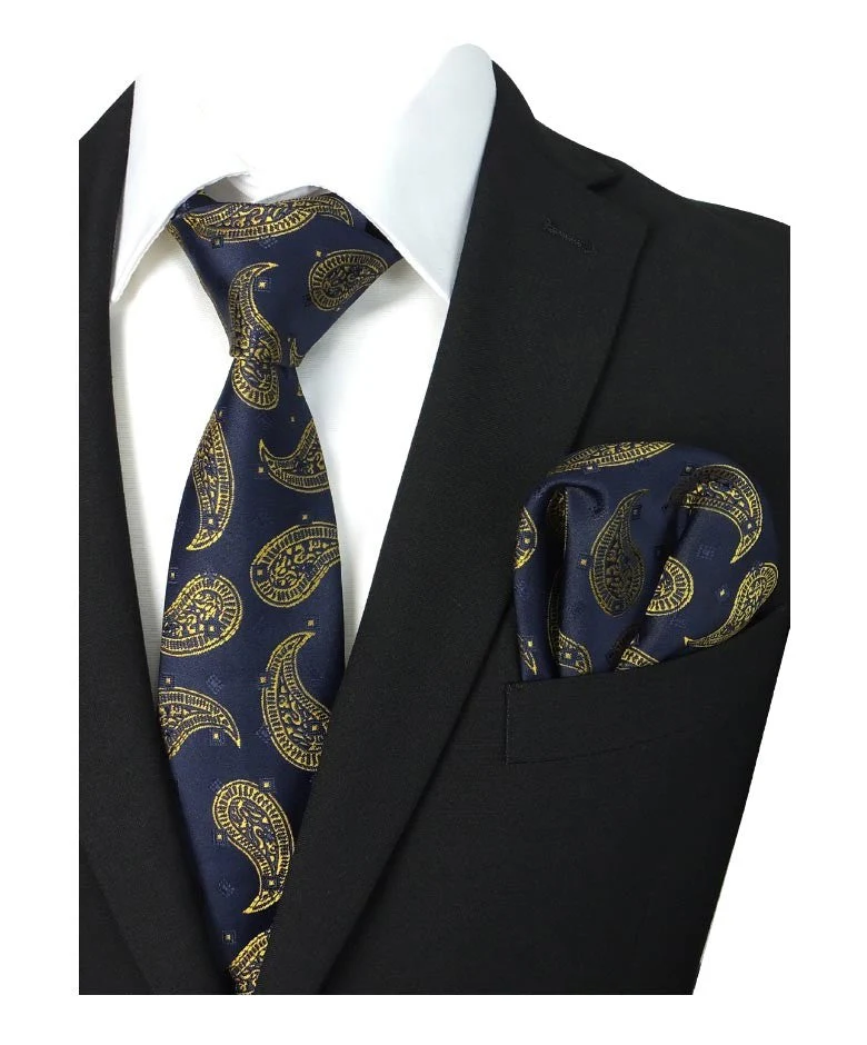 Boys & Men's Paisley Swirls Formal Tie & Hanky Set - Navy Blue - Gold - Image 2