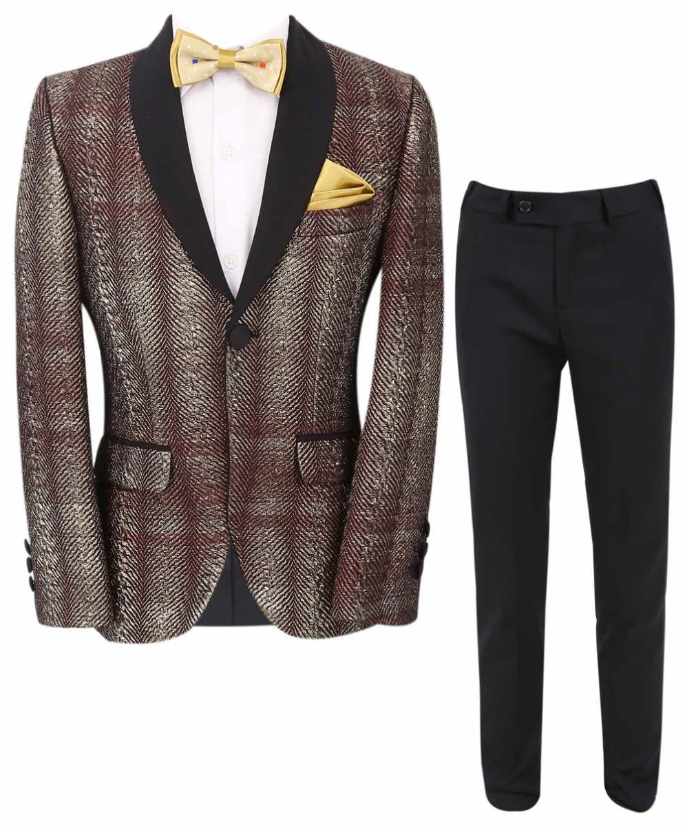 Boys Tweed Tuxedo Slim Fit Suit - ROBBIE - Burgundy - Gold - Image 5