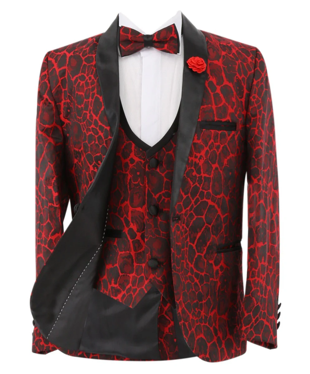 Boys Jacquard Burgundy Tuxedo Suit - Red - Image 4