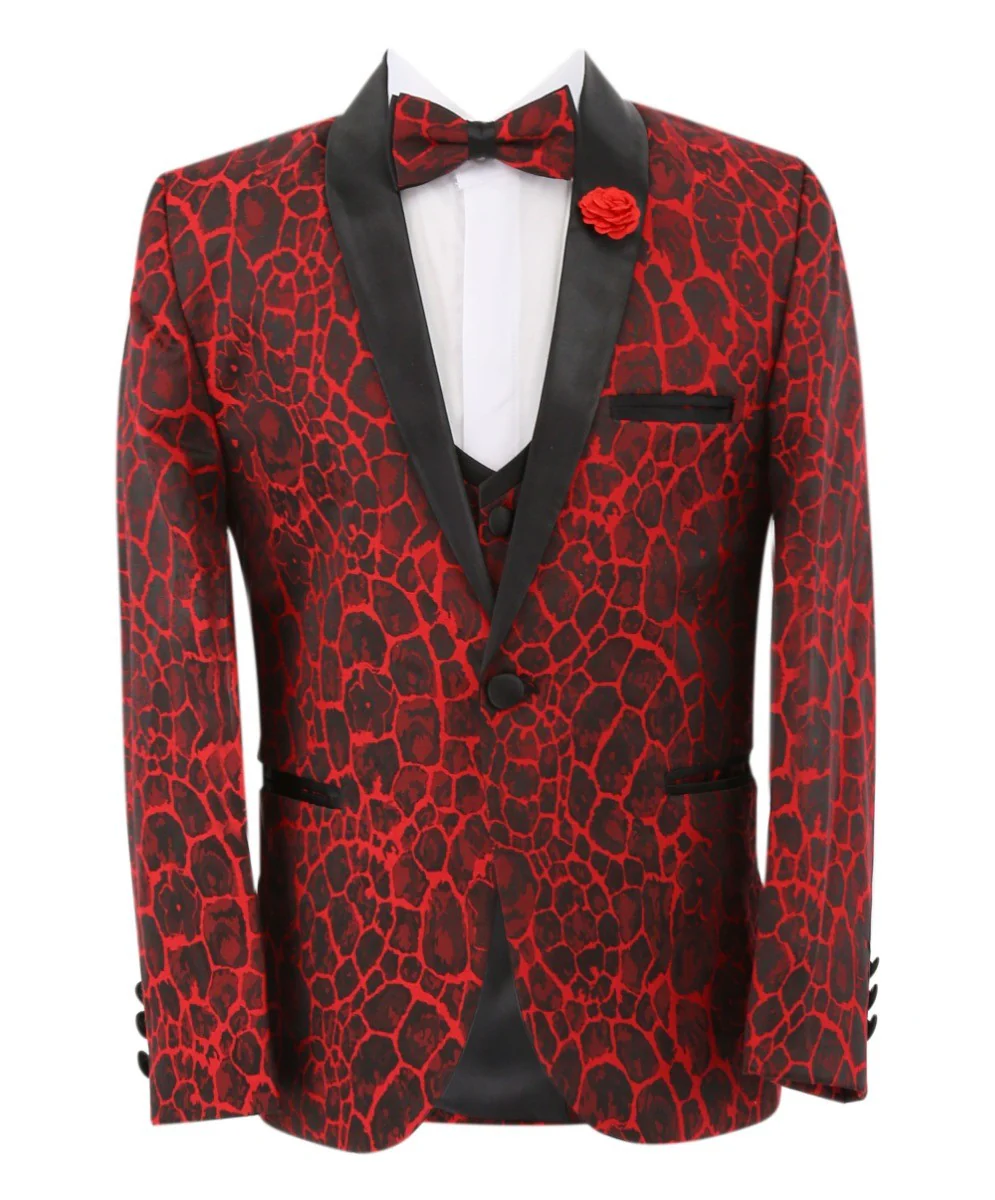 Boys Jacquard Burgundy Tuxedo Suit - Red - Image 5