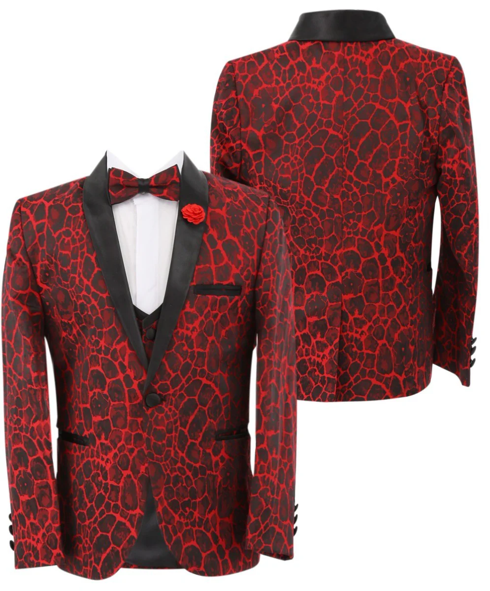 Boys Jacquard Burgundy Tuxedo Suit - Red - Image 7