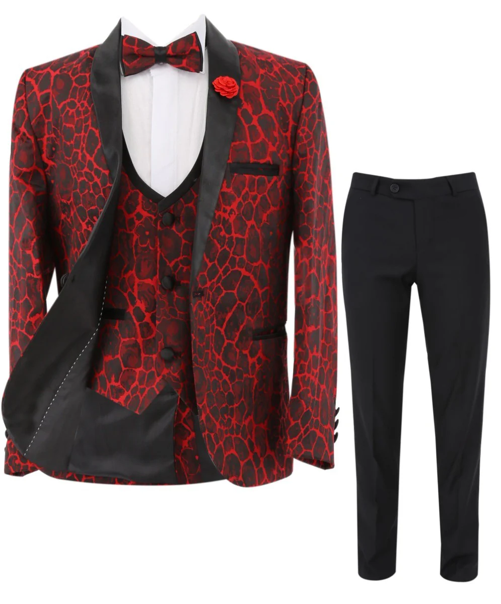 Boys Jacquard Burgundy Tuxedo Suit - Red - Image 8