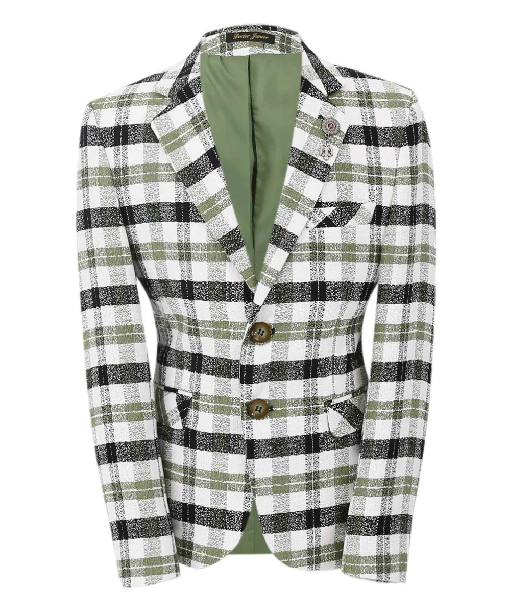 Boys Plaid Cotton Retro Slim Fit Formal Blazer - Green - Image 3
